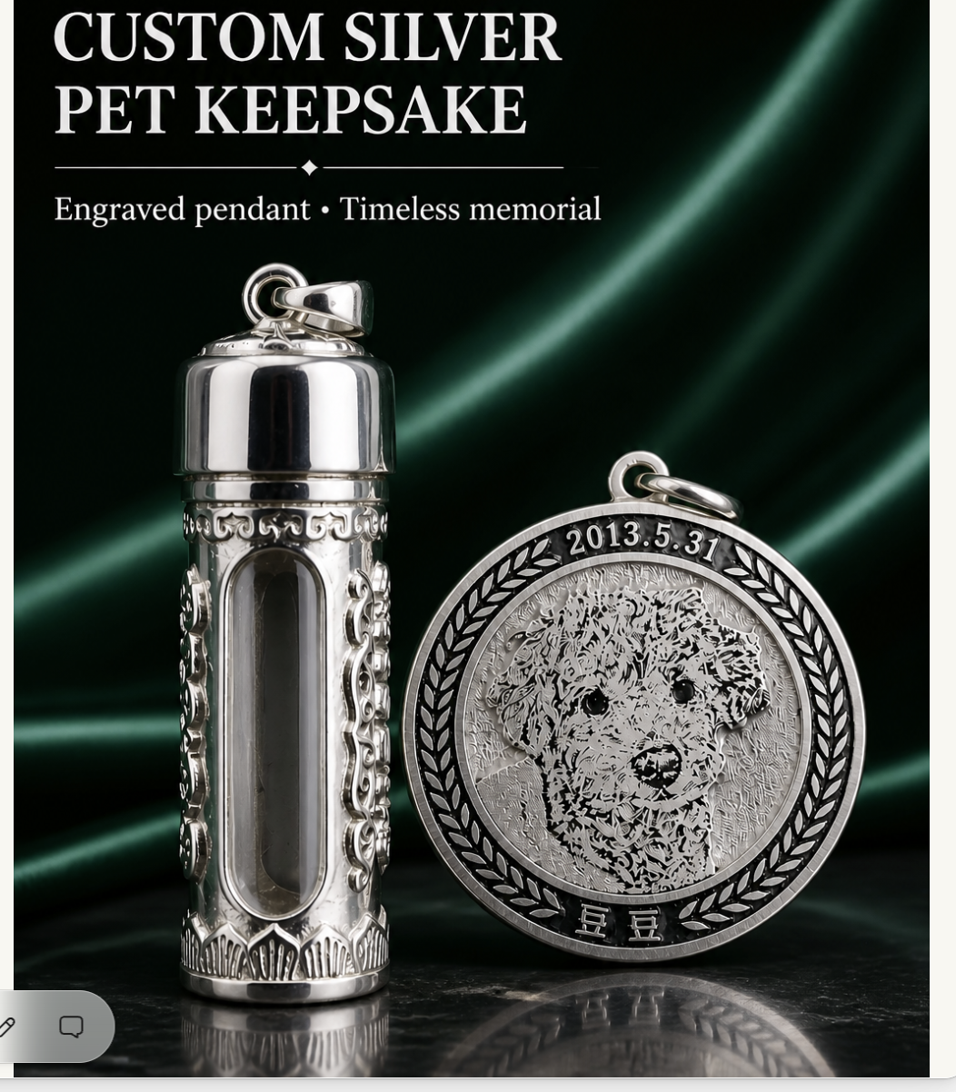 Custom Silver Pet Keepsake — an engraved memorial pendant and sterling vessel for ashes, teeth, or fur